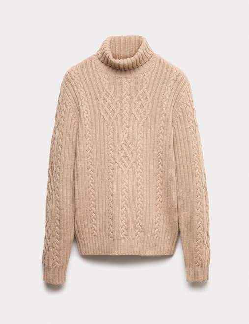 Pure Wool Cable Knit Roll Neck Jumper