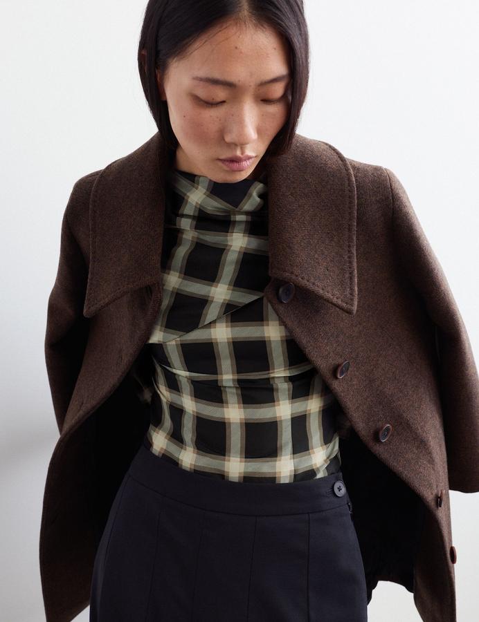 Cotton Rich Checked Cowl Neck Blouse with Silk