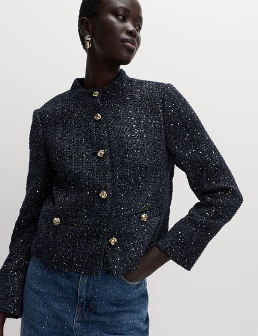 Tweed Sparkly Collarless Blazer with Wool