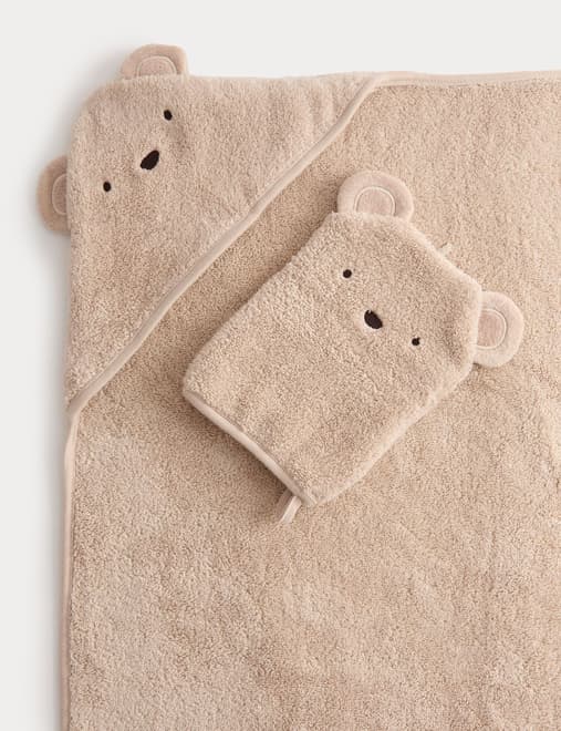 2pc Pure Cotton Bear Hooded Towel & Wash Mitt
