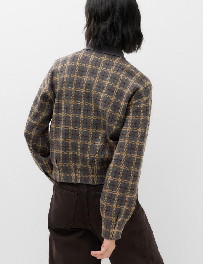 Checked Collared Button Front Cardigan with Wool