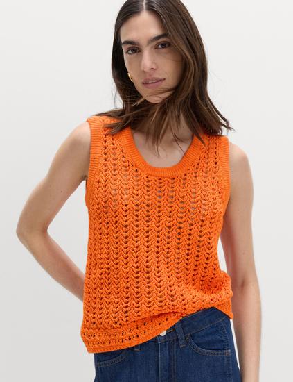 Cotton Rich Crochet-Style Scoop Neck Knitted Vest