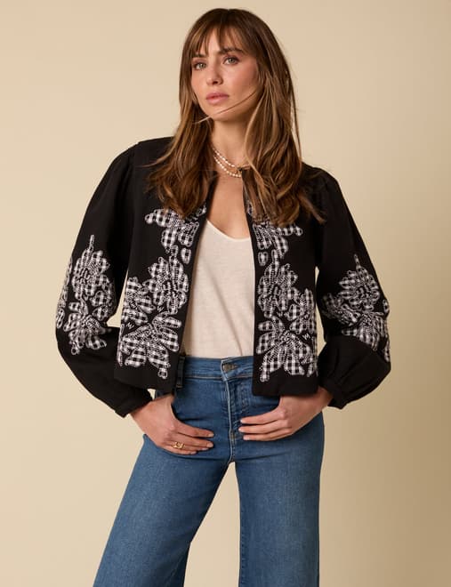 Black Floral Gingham Detail Jacket