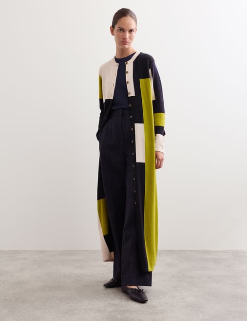 Merino Wool Colour Block Longline Cardigan