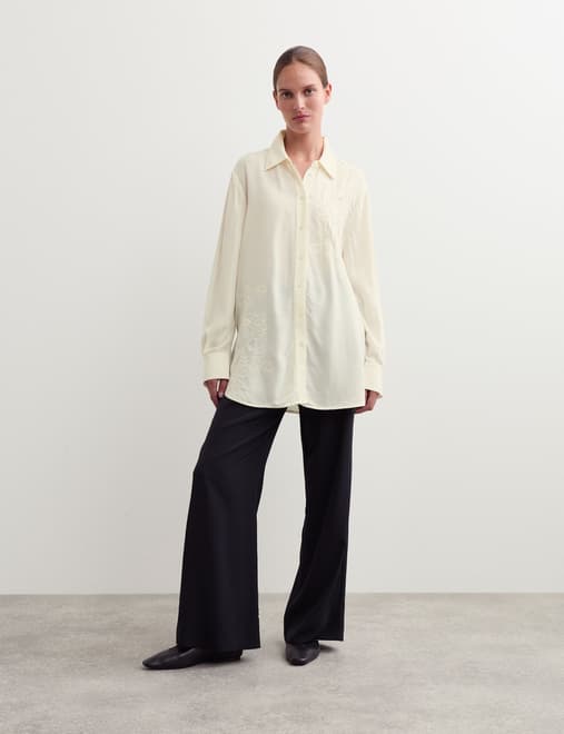 Longline Embroidered Collared Button Through Shirt