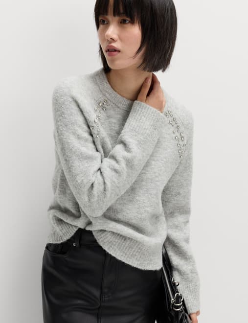 Boucle Embellished Jumper With Wool