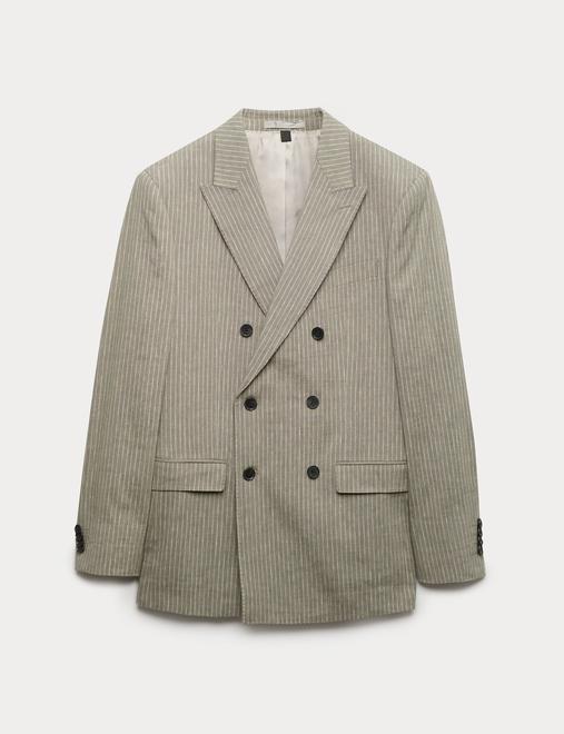 Tailored Fit Italian Performance Linen Blend Pinstripe Suit Jacket
