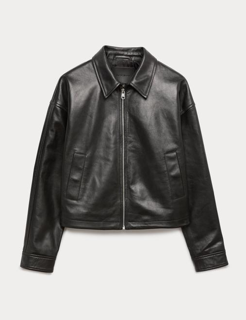 Leather High Shine Collared Cropped Biker Jacket
