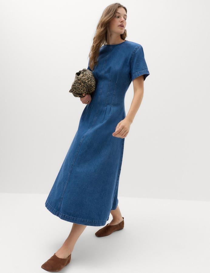Denim Pintuck Midi Column Dress