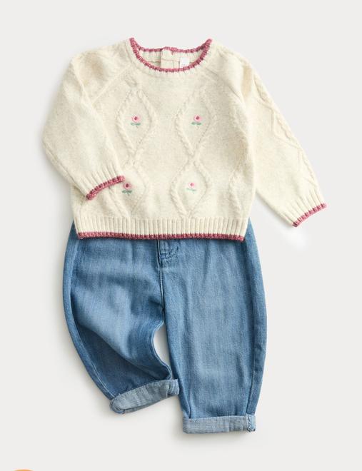 2pc Floral Cable Knit Jumper & Jeans Outfit (0-3 Yrs)