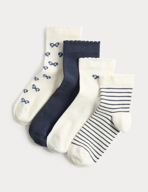 4 Pack Cotton Rich Bow & Striped Socks (6 Small-7 Large)