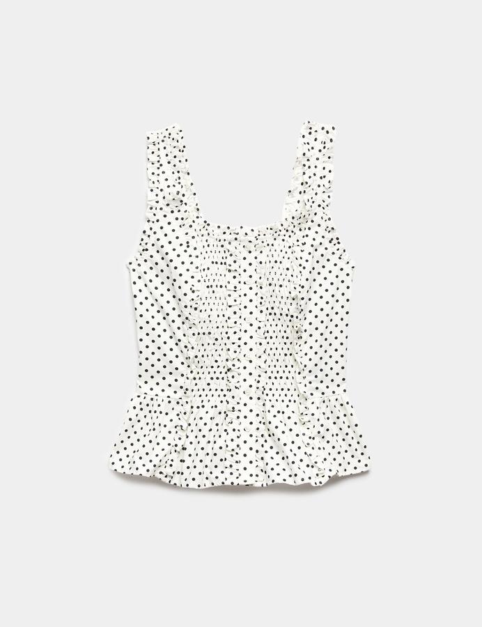 Pure Cotton Polka Dot Ruffle Detail Peplum Top