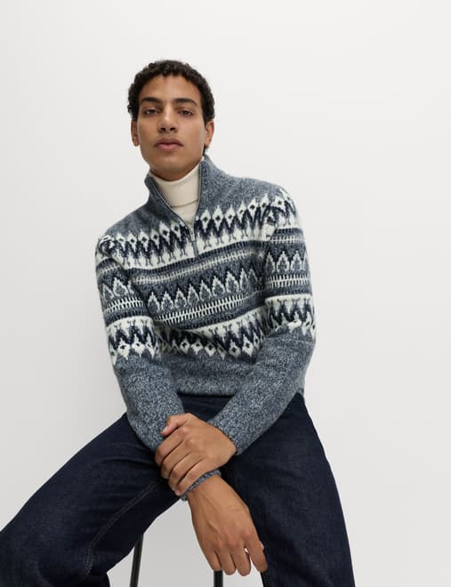 Fair Isle Half Zip Jumper with Wool
