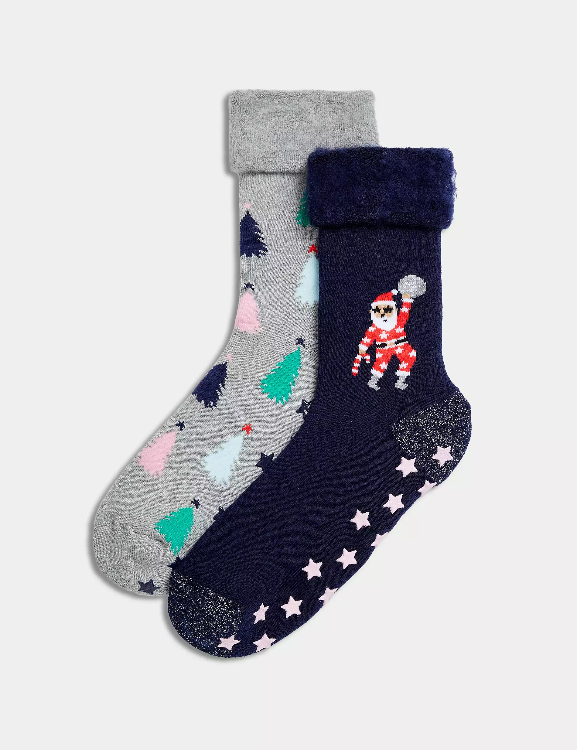 2pk Disco Santa Thermal Slipper Socks with Grippers