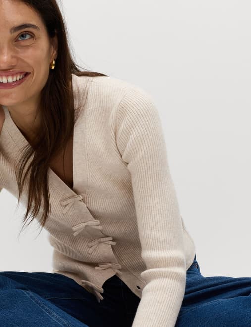 Ribbed V-Neck Bow Detail Cardigan