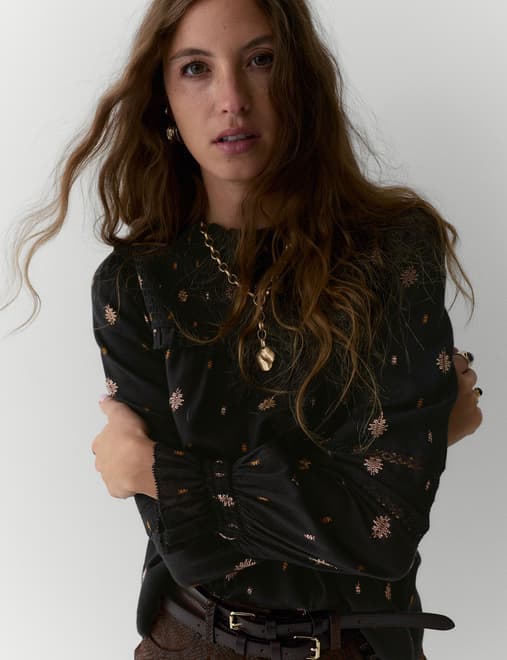 Jacquard Metallic Shirred Yoke Blouse