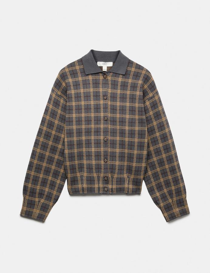 Checked Collared Button Front Cardigan with Wool