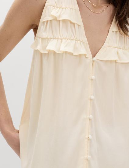 Lyocell Rich V-Neck Frill Detail Top
