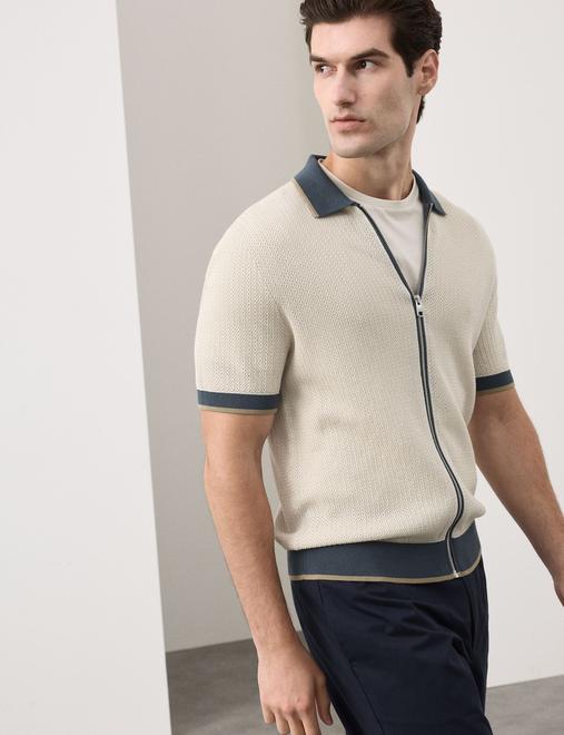 Pure Cotton Linear Stitch Zip Knitted Polo