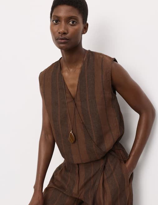 Pure Flax Linen Striped Wrap Top