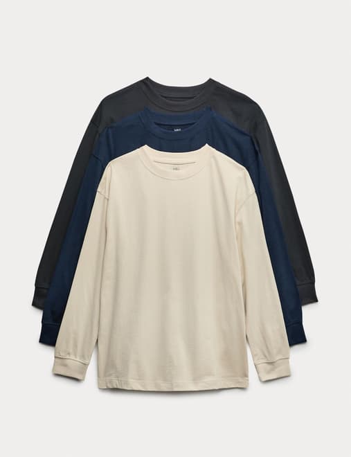 3pk Pure Cotton Long Sleeve Tops (6-16 Yrs)