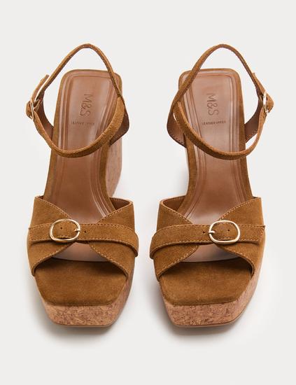 Suede Buckle Ankle Strap Wedge Sandals