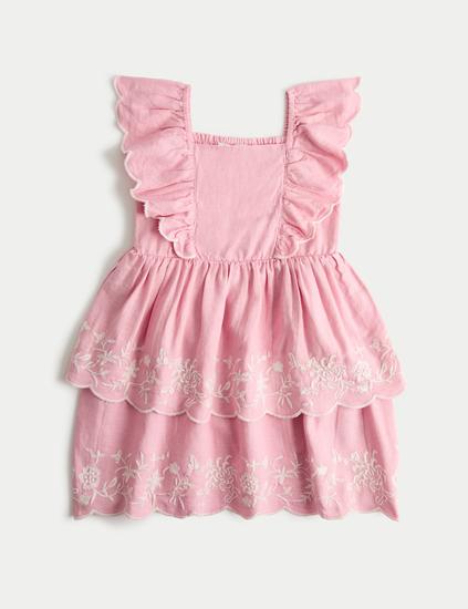 Linen Rich Floral Embroidered Frill Dress (2-10 Yrs)