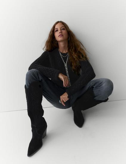 Chunky Pointelle Crew Neck Jumper with Wool