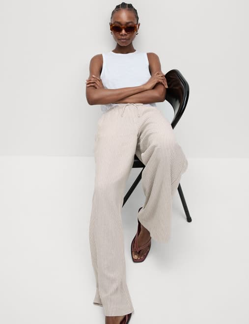 Linen Blend Wide Leg Trousers