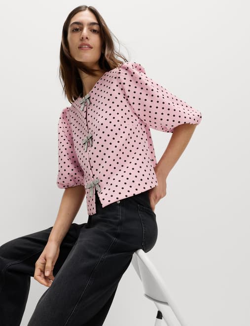 Polka Dot Embellished Bow Top
