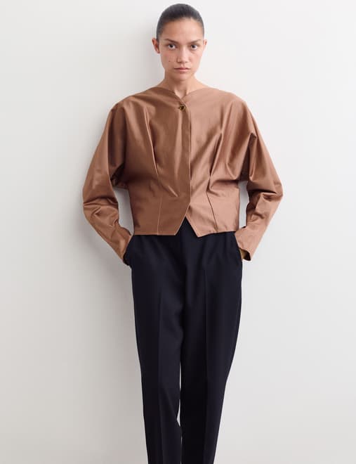 Cotton Rich Pleated Button Through V-Neck Top