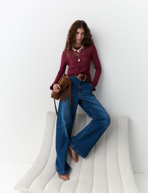 Cotton Rich Pointelle Crew Neck Jumper