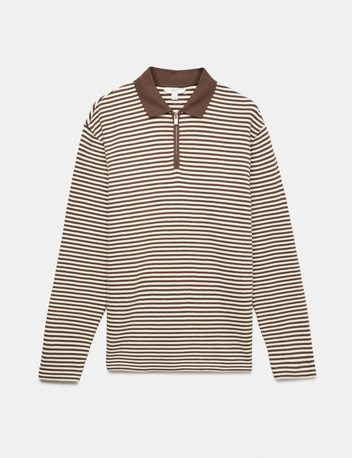Pure Cotton Half Zip Striped Polo Shirt