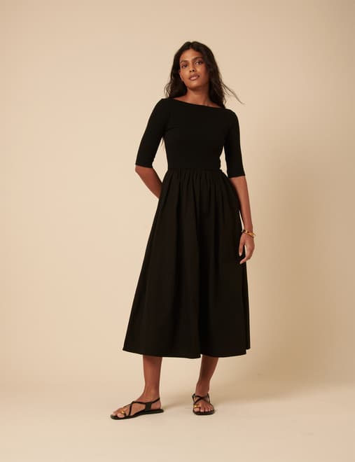 Black Cropped Sleeve A-Line Penni Midi Dress