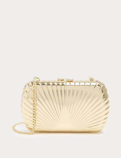 Gold Textured Chain Strap Clutch Bag