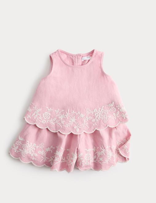 Linen Blend Embroidered Outfit (2-10 Yrs)