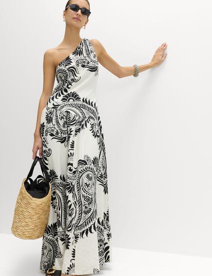 Linen Rich One Shoulder Maxi Shift Dress