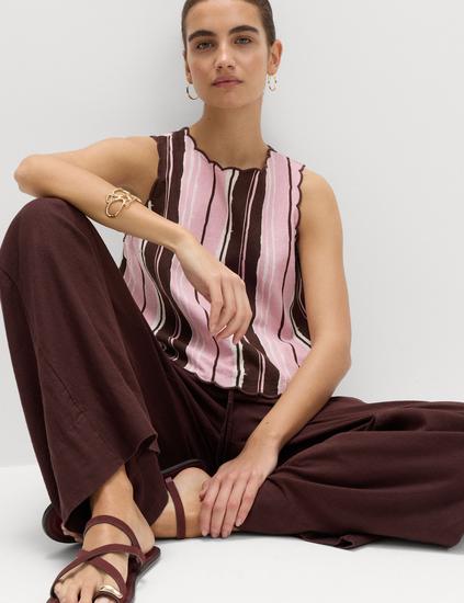 Linen Rich Striped High Neck Vest Top