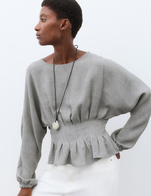 Textured Pleat Detail Blouson Sleeve Blouse