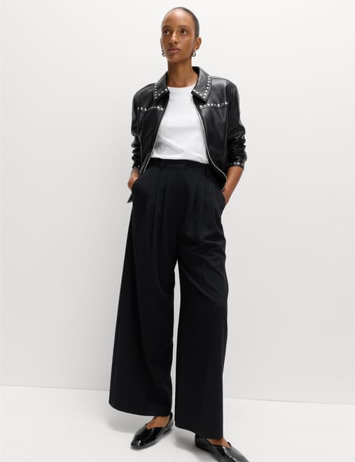 Triple Pleat Wide Leg Trousers
