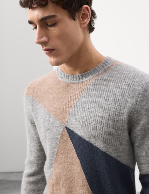 Wool-Rich Pattern Crew Neck Jumper with Mohair