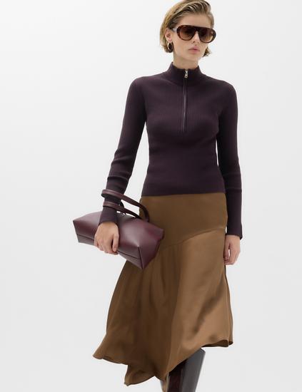 Ribbed Textured Half Zip Fitted Knitted Top