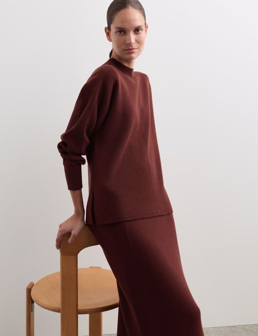 Pure Merino Wool Ribbed Funnel Neck Jumper