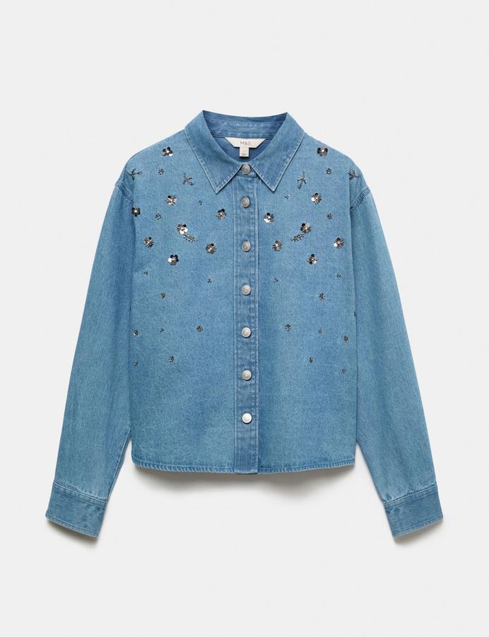 Embellished Denim Collared Shirt