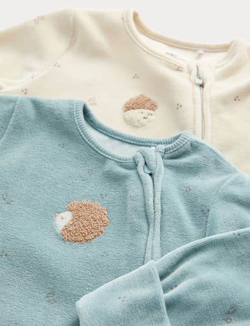 2pk Cotton Rich Velour Sleepsuits (0-3 Yrs)