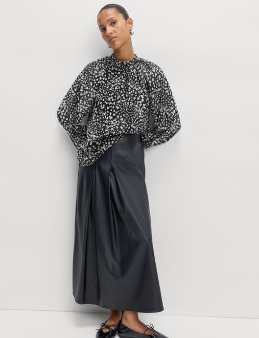 Sheer Floral Printed Long Blouson Sleeve Blouse