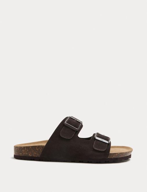 Suede Buckle Footbed Mules