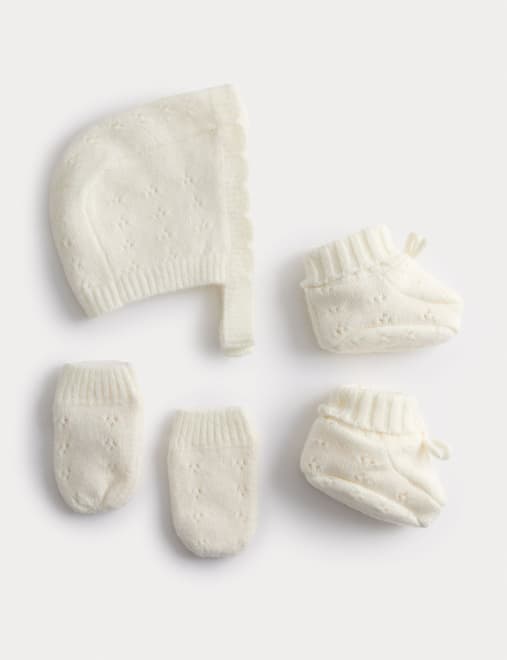 Baby Bonnet Hat, Mittens & Booties Set (0-12 Mths)