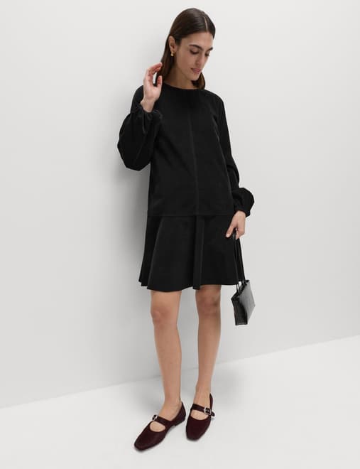 Corduroy Round Neck Mini Drop Waist Dress