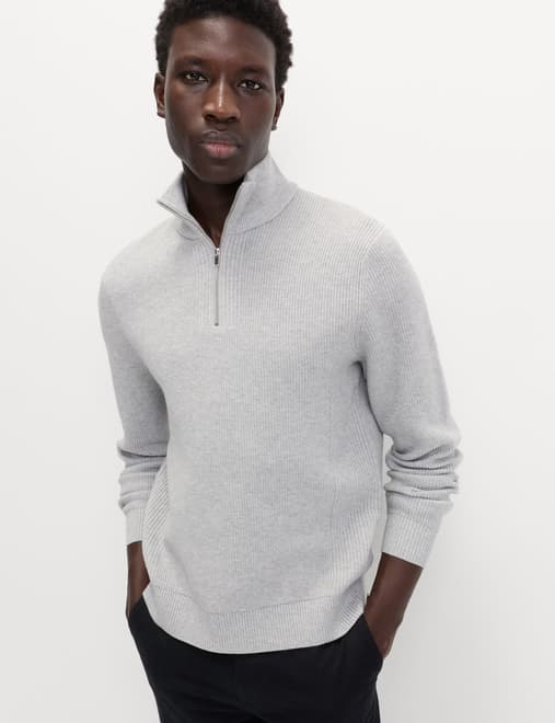 Cotton Blend Ribbed Half Zip Jumper
